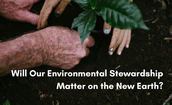 Close-up of an older person's weathered hands and a young child's hands working together to plant a small green sapling into dark, rich soil. The text overlay reads, "Will Our Environmental Stewardship Matter on the New Earth?".