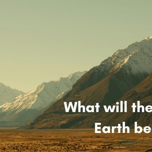 A wide, scenic shot of a flat plain leading to a massive mountain range with snow-dusted peaks under a warm, hazy sky. White text on the lower right reads, "What will the New Earth be like?"