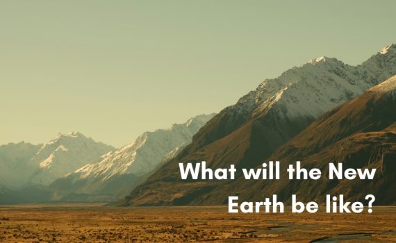 A wide, scenic shot of a flat plain leading to a massive mountain range with snow-dusted peaks under a warm, hazy sky. White text on the lower right reads, "What will the New Earth be like?"