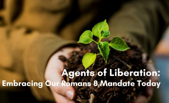 Hands gently cradling a handful of dark soil out of which a vibrant, small green plant is growing. White text overlaid on the soil reads, "Agents of Liberation".