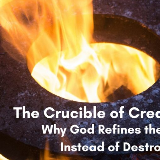A large iron ring glowing in an open forge fire, with the title "The Crucible of Creation: Why God Refines the Earth Instead of Destroying It" overlaid in white text.