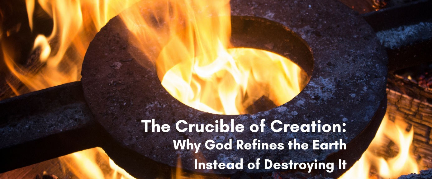 A large iron ring glowing in an open forge fire, with the title "The Crucible of Creation: Why God Refines the Earth Instead of Destroying It" overlaid in white text.