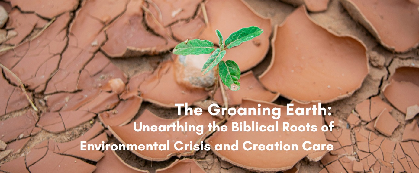 A small green seedling sprouting from dry, cracked earth, with the title "The Groaning Earth: Unearthing the Biblical Roots of Environmental Crisis and Creation Care" overlaid in white text.