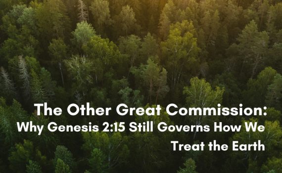 Aerial view of a dense green forest canopy with sunlight filtering through, overlaid with the title 'The Other Great Commission: Why Genesis 2:15 Still Governs How We Treat the Earth
