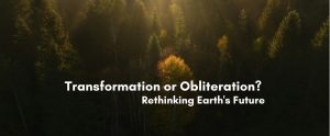 Aerial view of a misty forest canopy with sunbeams breaking through the trees, highlighting a single golden autumn tree, with text reading "Transformation or Obliteration? Rethinking Earth's Future"