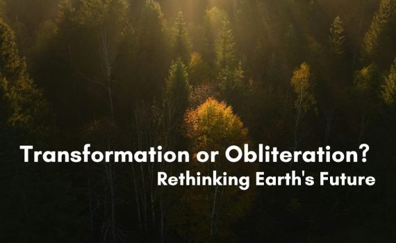 Aerial view of a misty forest canopy with sunbeams breaking through the trees, highlighting a single golden autumn tree, with text reading "Transformation or Obliteration? Rethinking Earth's Future"