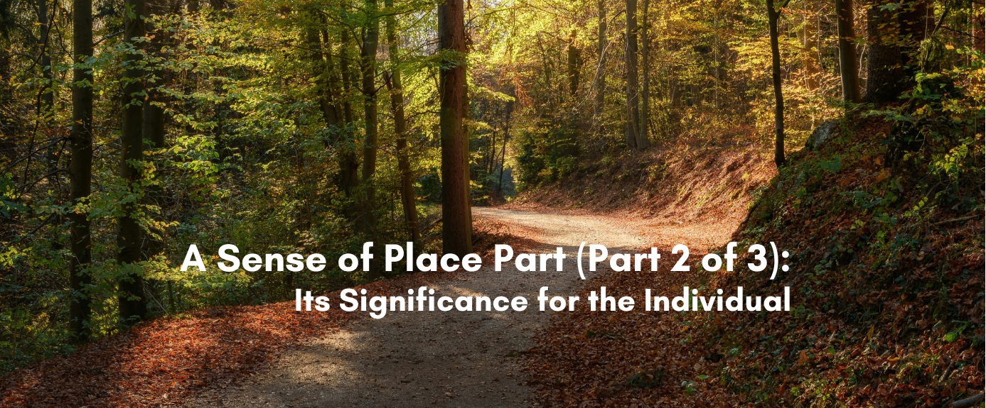 A sunlit dirt path winding through an autumn forest with fallen leaves, illustrating the second part of a series on the personal significance of a sense of place