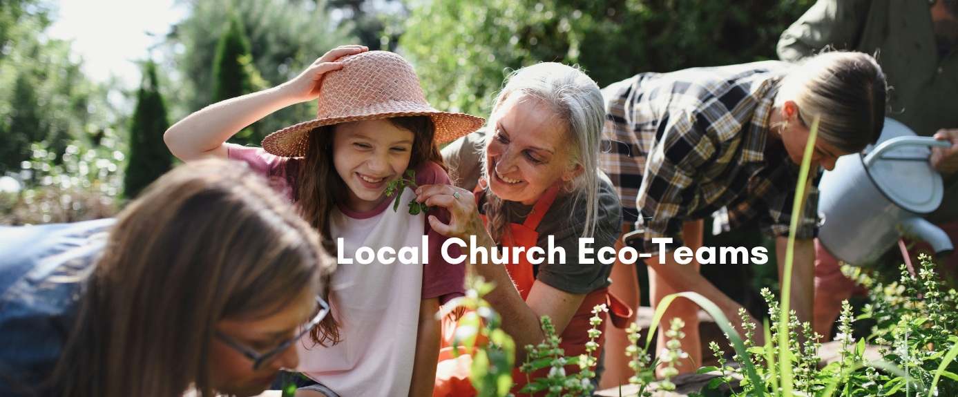 Multigenerational church group gardening together outdoors, with a girl and an older woman smiling over herbs