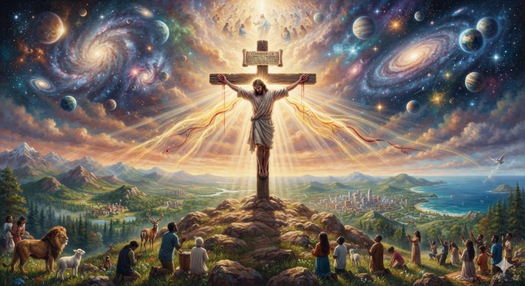 Illustrated depiction of Christ on the cross radiating light across mountains, ocean, and galaxies, surrounded by worshippers, animals, and creation, symbolizing the reconciliation of all things through the cross
