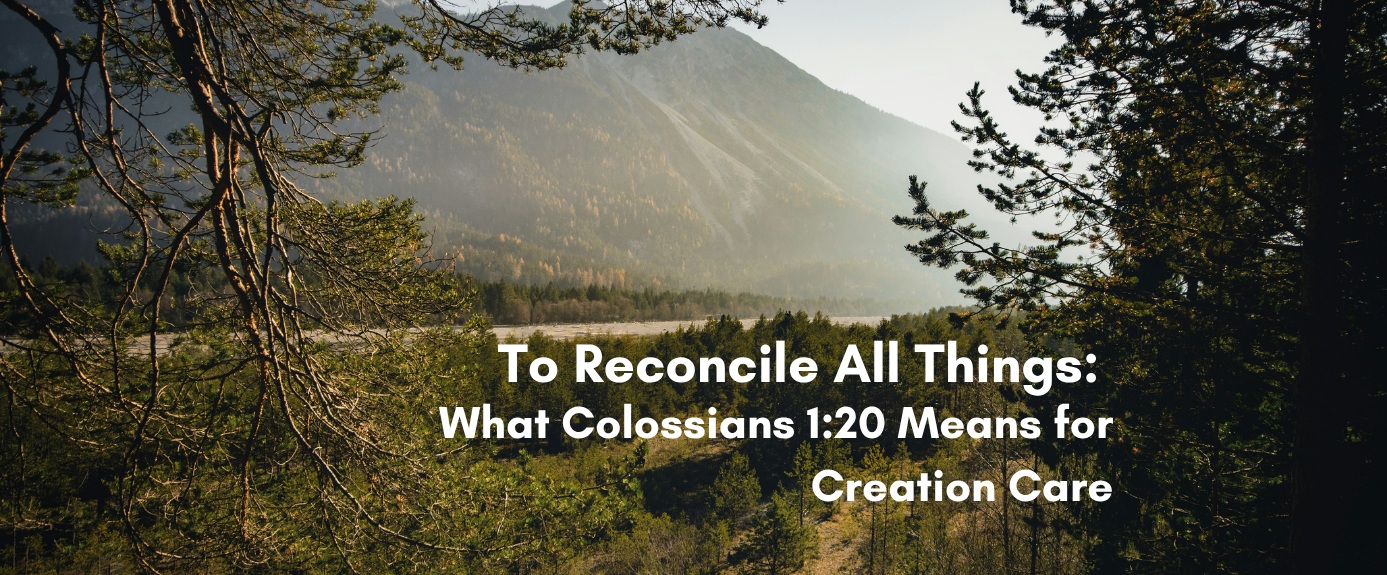 Misty mountain forest landscape with overlay text reading To Reconcile All Things: What Colossians 1:20 Means for Creation Care