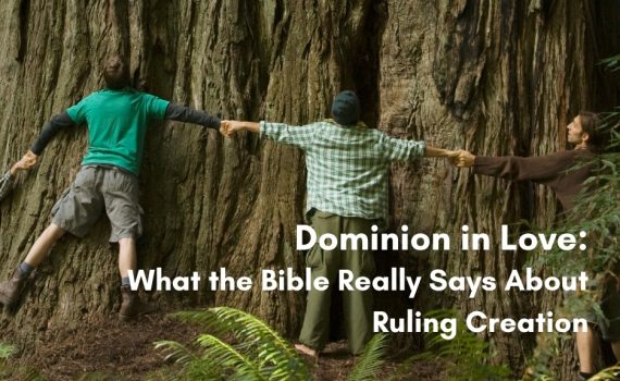 Four people join hands to encircle a massive redwood tree trunk in a forest, illustrating an article titled "Dominion in Love: What the Bible Really Says About Ruling Creation