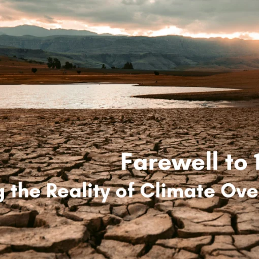 Cracked, drought-parched earth beside a shrinking lake with mountains at sunset, illustrating an article titled "Farewell to 1.5°C: Facing the Reality of Climate Overshoot"