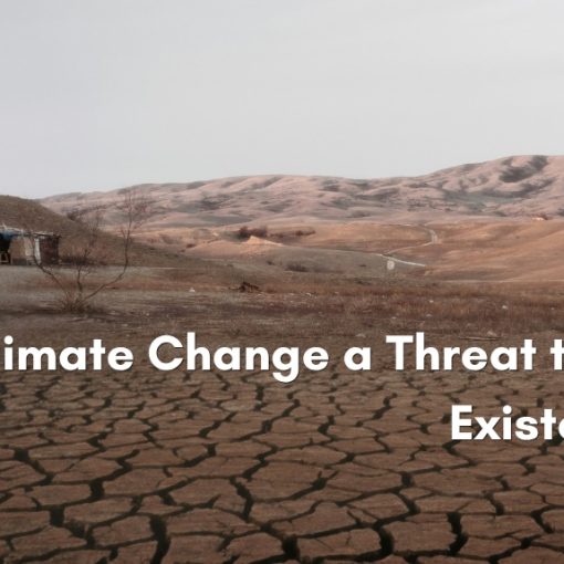 Cracked, dried-out ground stretches toward barren hills and an abandoned wooden shack, with the heading Is Climate Change a Threat to Our Existence?